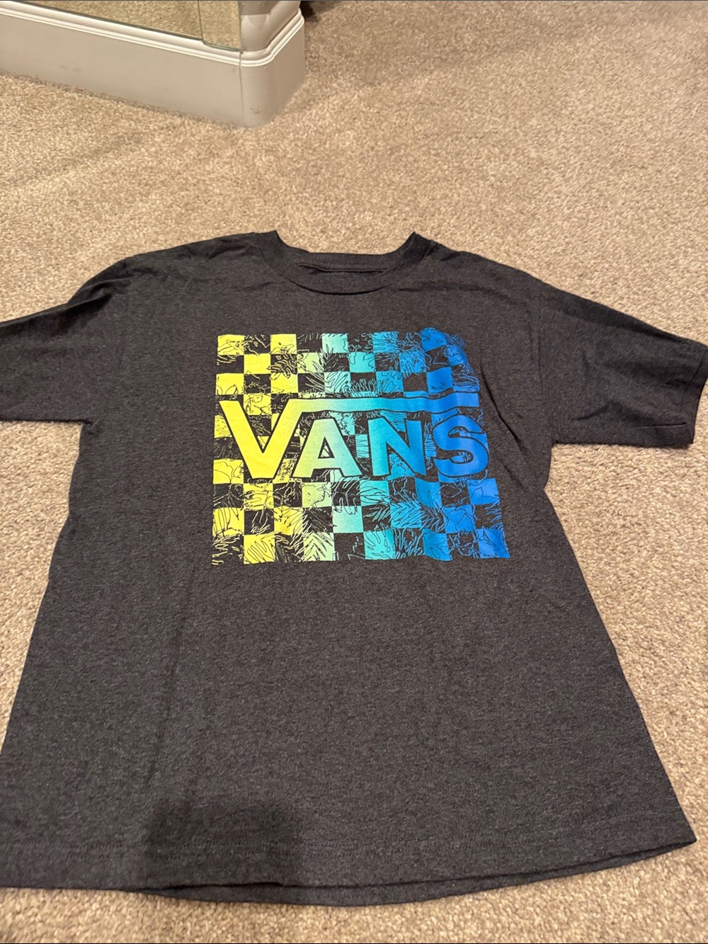 Vans Charcoal Tee with Yellow-to-Blue Checker Logo